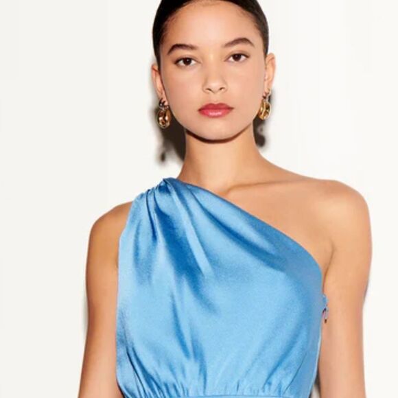 Saylor Sainte one shoulder fringe hem blue Mini Dress sz M - Picture 3 of 7